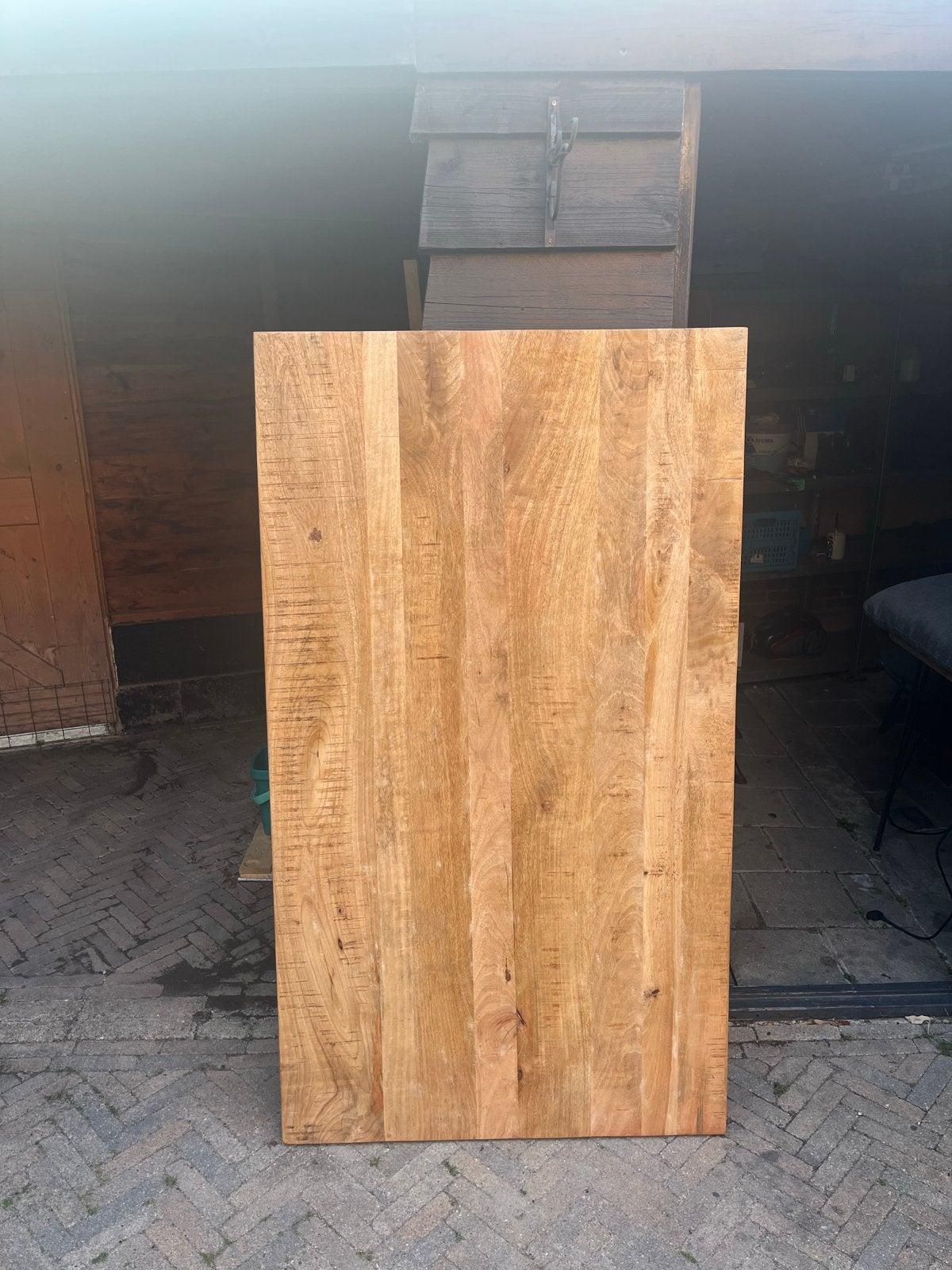 Massief houten tafelblad met metalen onderstel, Ophalen, Gebruikt, 50 tot 100 cm, Vijf personen of meer