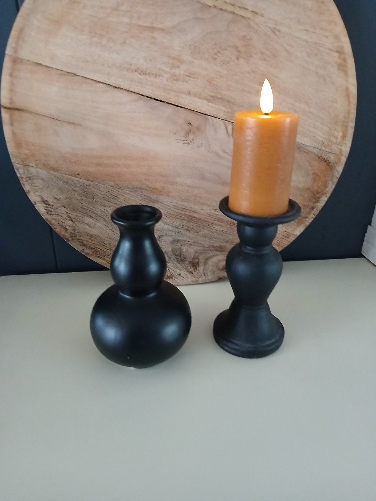 setje vaasje en kaarsen standaard incl kaars, Zwart, Ophalen of Verzenden, Zo goed als nieuw, 14 cm