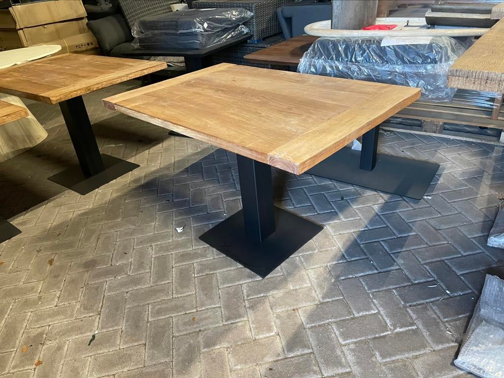 Partij horeca tafels met teak blad, Huis en Inrichting, Ophalen, 50 tot 100 cm, Vierkant, Zo goed als nieuw