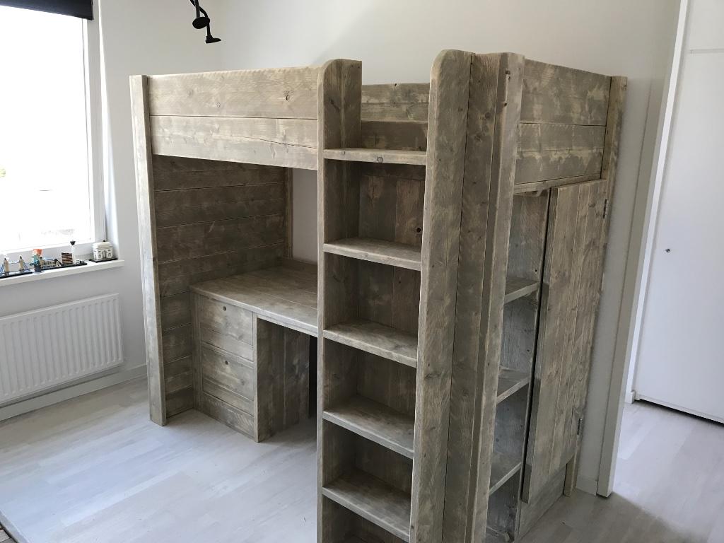 Steigerhouten hoogslaper + bureau + Kledingkast + Ladenkast, Eenpersoons, Nieuw, Ophalen of Verzenden, 200 cm