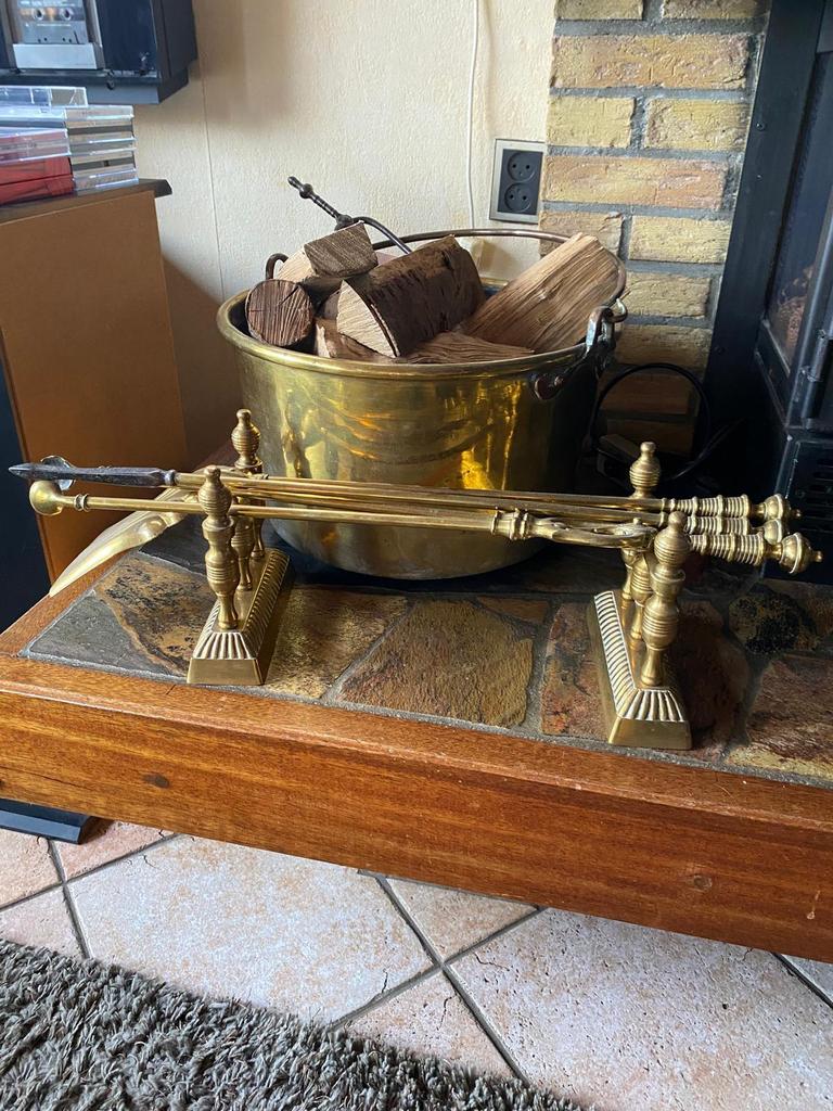 Oud Koperen ketel en haardstel, Ophalen of Verzenden, Gebruikt
