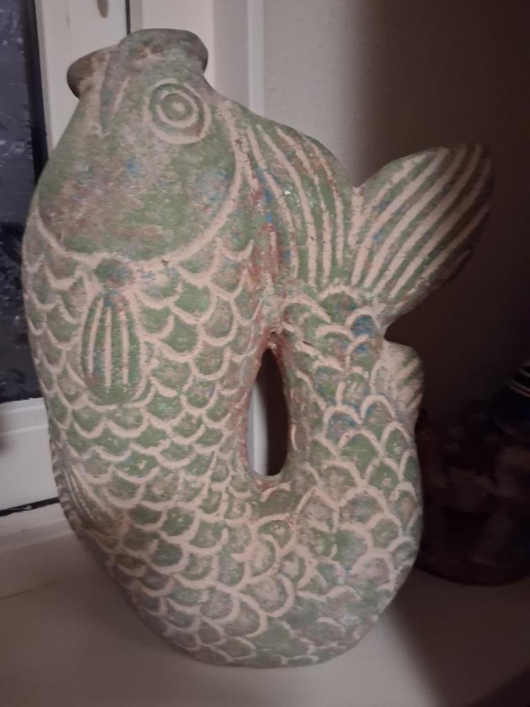 Mexicaanse aardewerk vis, groen/beige, Ophalen