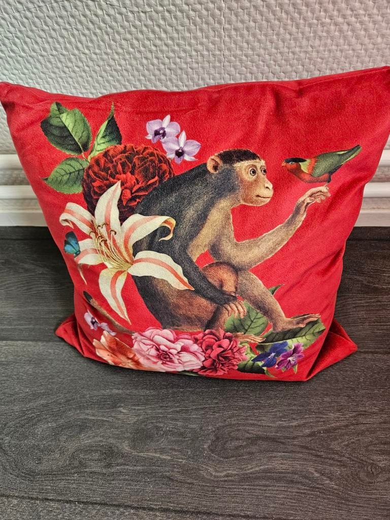 Vrolijk kussen met aap en vogel print, Ophalen of Verzenden