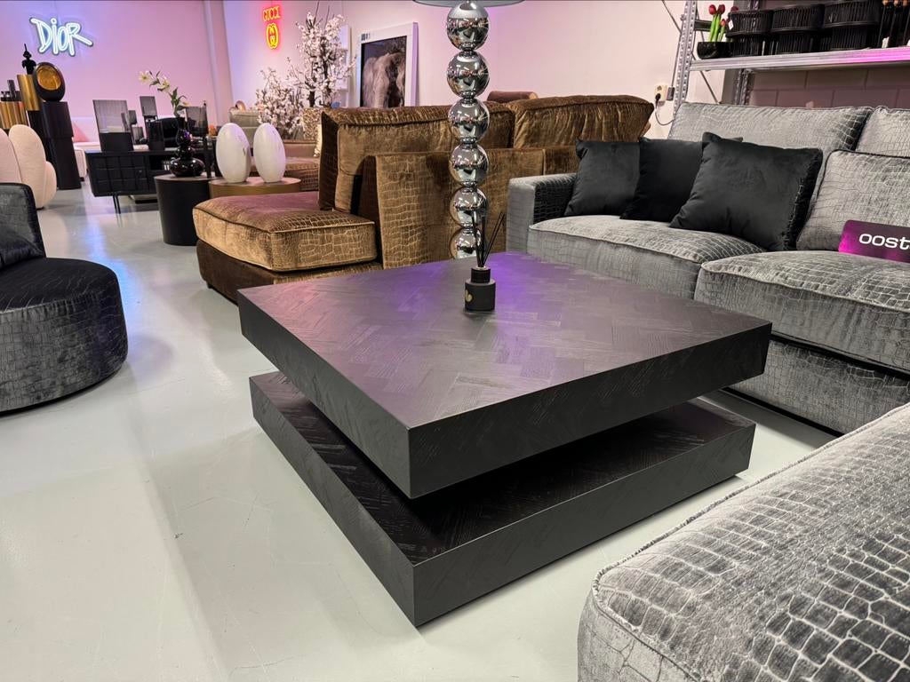 Luxe Black Oak Hamburger 100x100cm Salontafel Visgraat NIEUW, Huis en Inrichting, Tafels | Salontafels, Info@oosterbaanwonen.nl