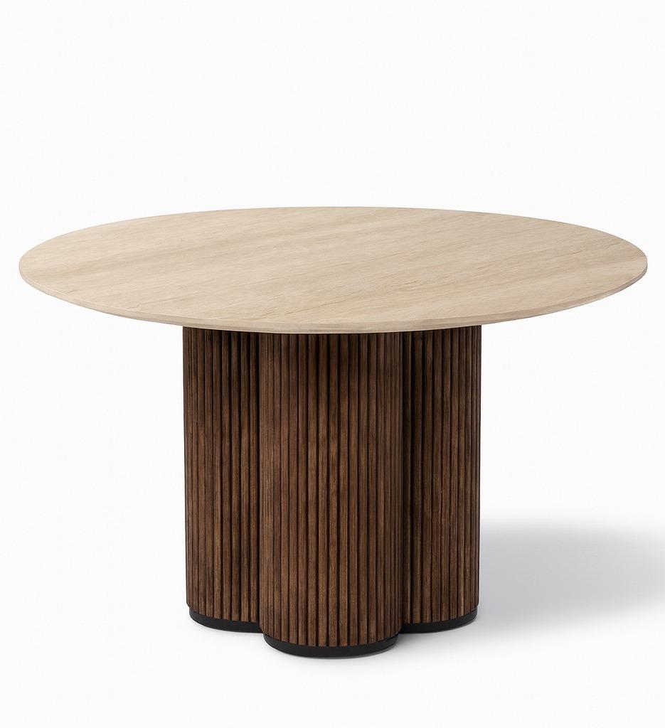 Ronde japandi tafel Travertin 120x120cm met walnoot poot