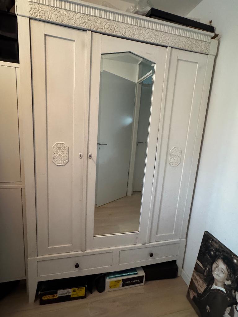 Vintage linnenkast met spiegeldeur, Ophalen, Gebruikt, 200 cm of meer, Overige houtsoorten