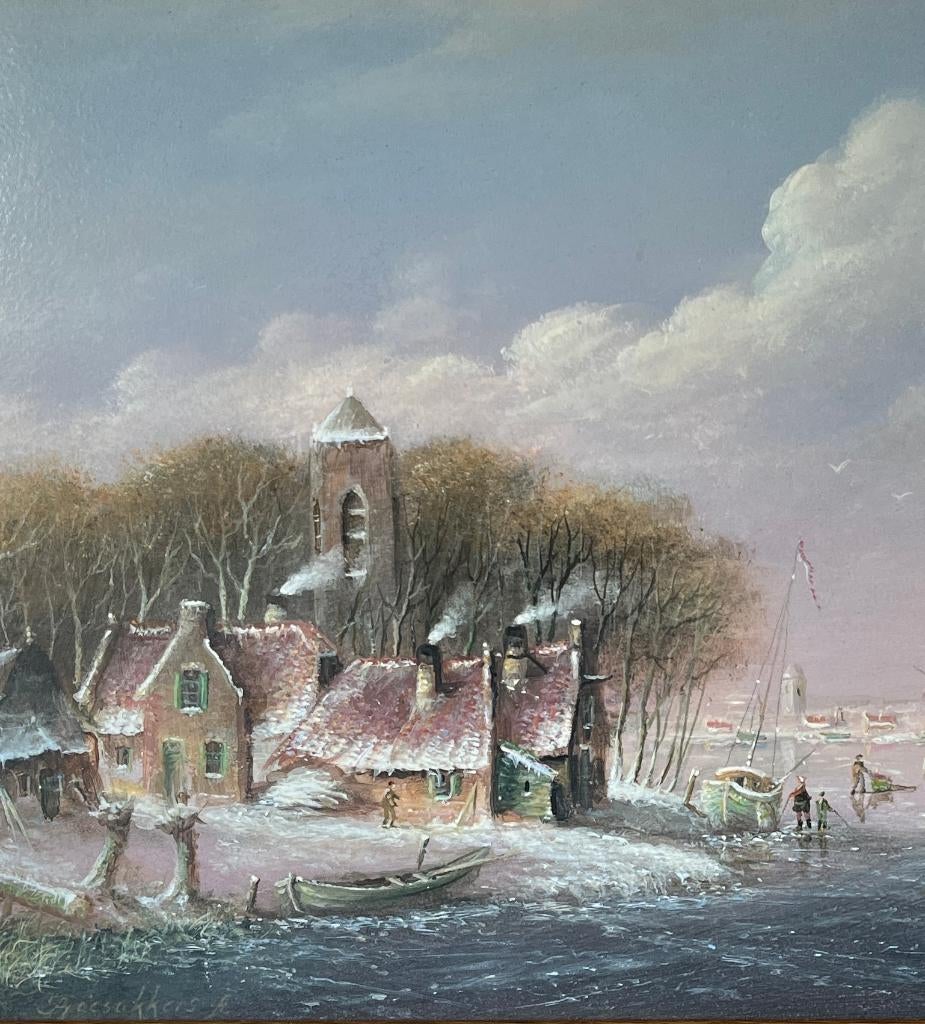 Mooi schilderij winterlandschap op paneel. Thomas Heesakkers, Antiek en Kunst, Ophalen of Verzenden