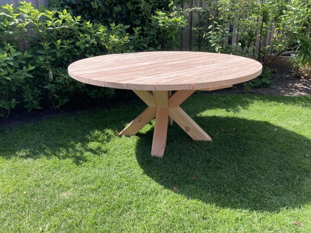 Douglas hout ronde tuintafel, kruispoot, matrixpoot, Ophalen of Verzenden, Nieuw, Rond, Hout