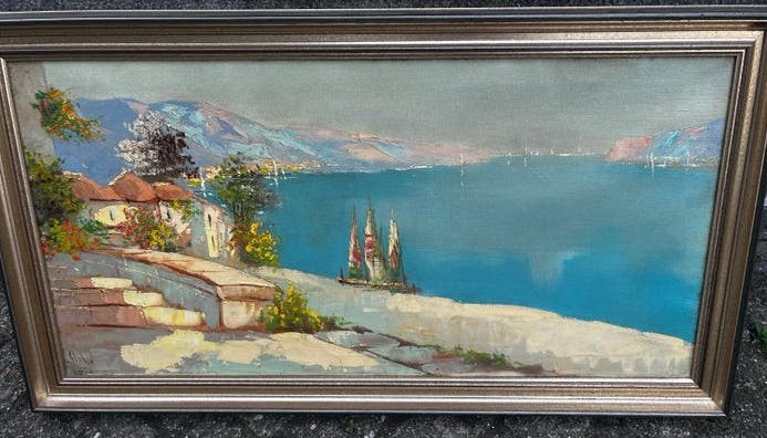 mediterraans landschap schilderij gesigneerd lijst 80x40, Antiek en Kunst, Kunst | Schilderijen | Klassiek, Ophalen