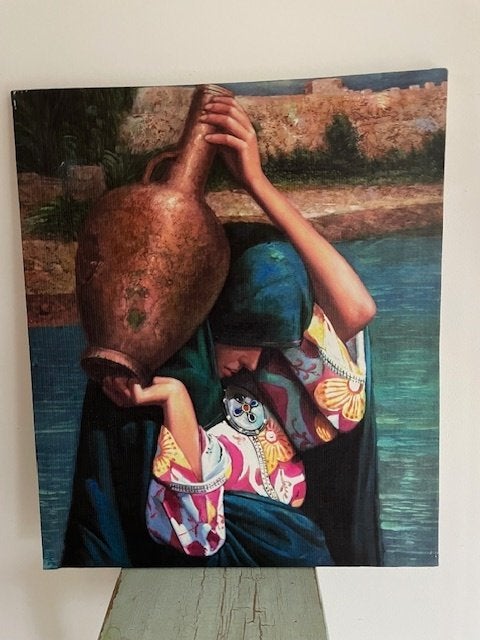 Afbeelding kruikendraagster op linnen. Arabische kunst., Ophalen, Schilderij, 58 cm, 60 cm