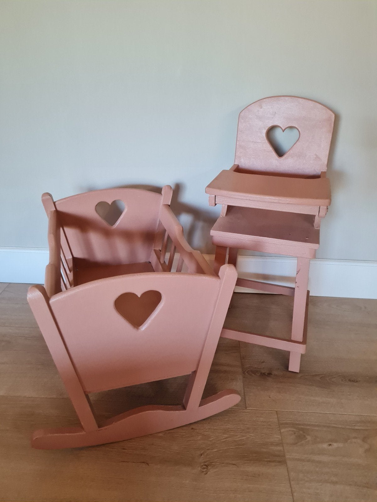 Houten poppenstoel en poppenbed set - Roze, Ophalen, Zo goed als nieuw, Babypop