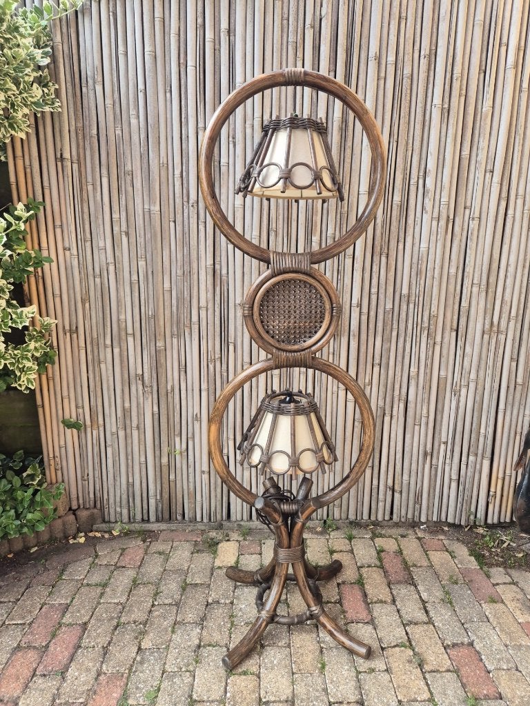 Vloerlamp - Staande lamp - Bamboe - Riet - Bruin - 2 Lampjes, Ophalen, Gebruikt, 100 tot 150 cm, Vintage