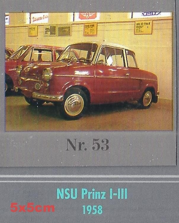 Vp53 autokaartje nsu prinz -- 1958 -- afmeting 5 x 5 cm, Ophalen of Verzenden, Zo goed als nieuw, Auto's