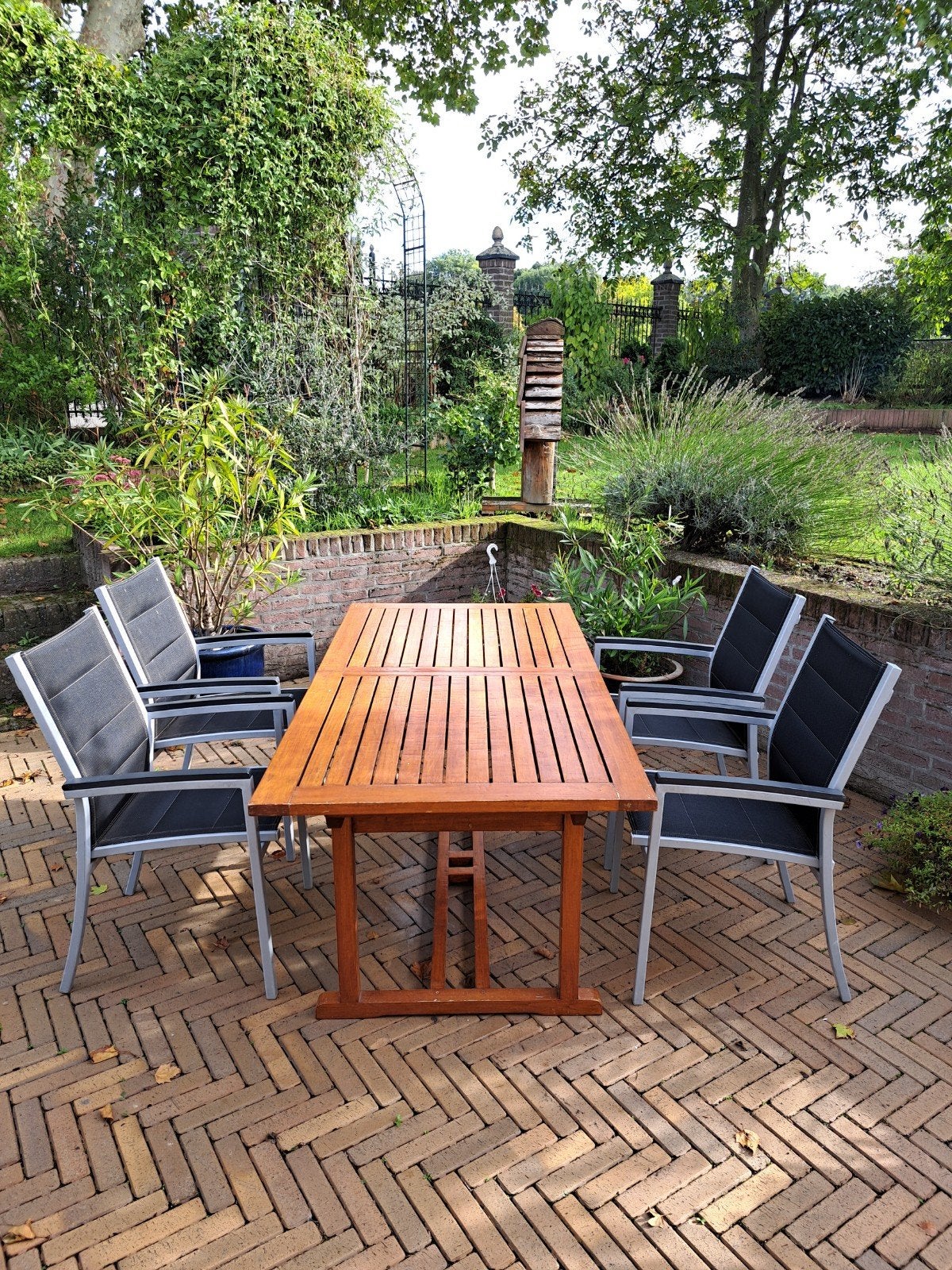 Teakhouten tuintafel met verlengstuk en 4 stoelen, Ophalen, Gebruikt, Rechthoekig, Teakhout
