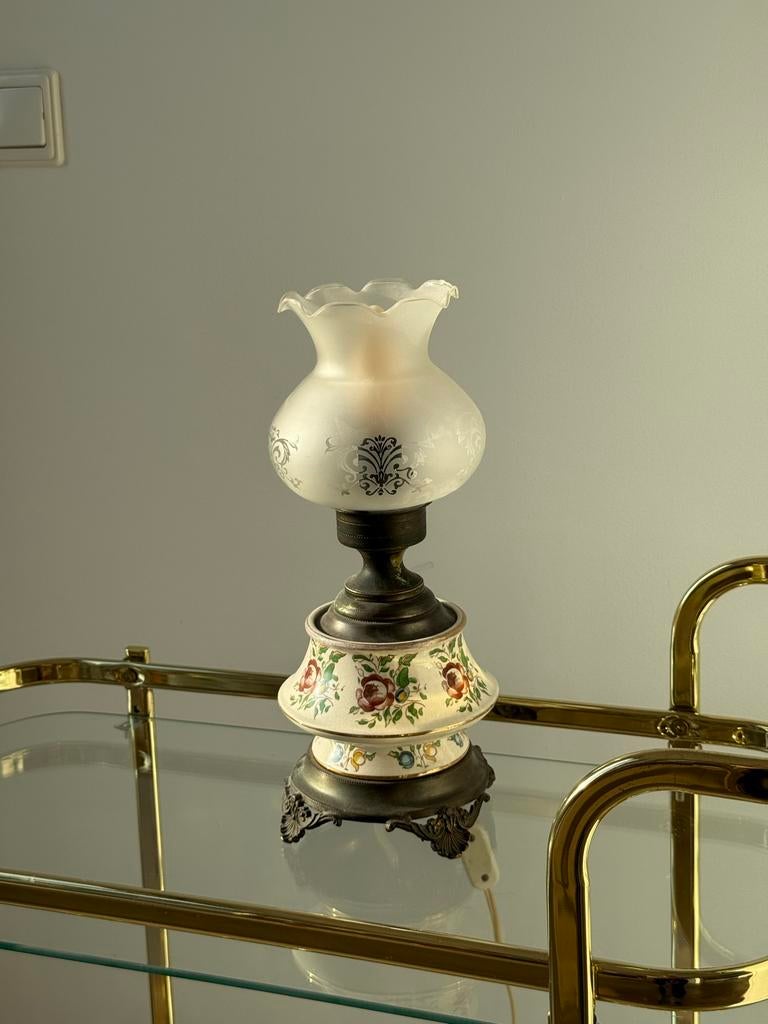 Vintage Tafellamp met Bloemmotief en Matglazen Kap, Ophalen of Verzenden