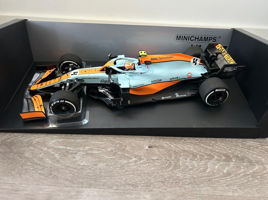 L.Norris mclaren mcl35m 2021 Gulf, Ophalen of Verzenden, Nieuw, Auto, MiniChamps