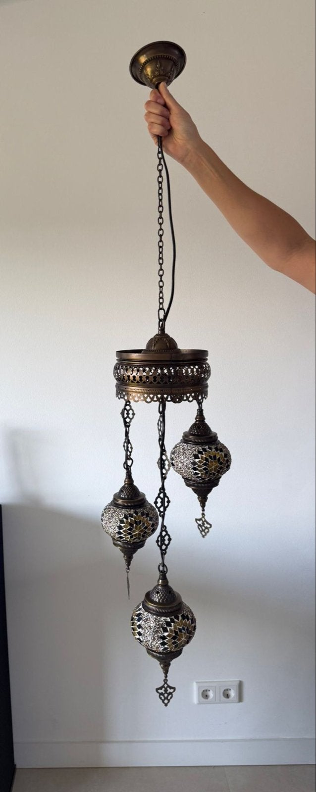 Oosterse hanglamp met 3 mozaïek bollen, Huis en Inrichting, Lampen | Hanglampen, Ophalen, Zo goed als nieuw, Metaal