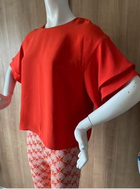 Oranje/rode blouse top mt. L met Ruffle mouwen, Ophalen of Verzenden, Zo goed als nieuw, Maat 42/44 (L), Oranje