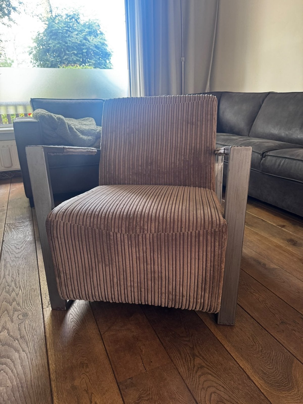 Rookstoel/fauteuil grijs/taupe ribstof, Ophalen, Gebruikt, 75 tot 100 cm, Stof