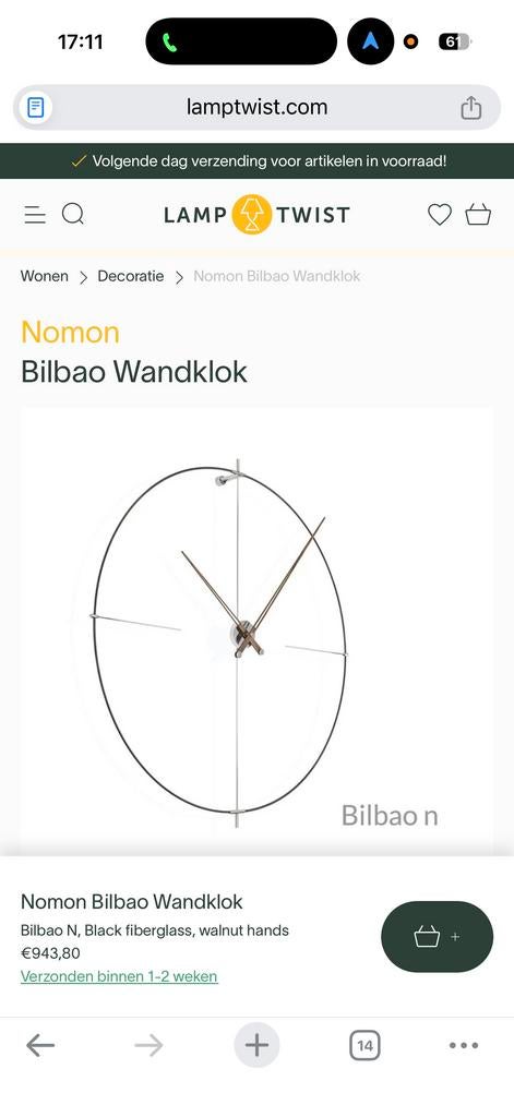 Grote Nomon Bilbao wandklok, Ophalen of Verzenden, Gebruikt, Analoog, Wandklok