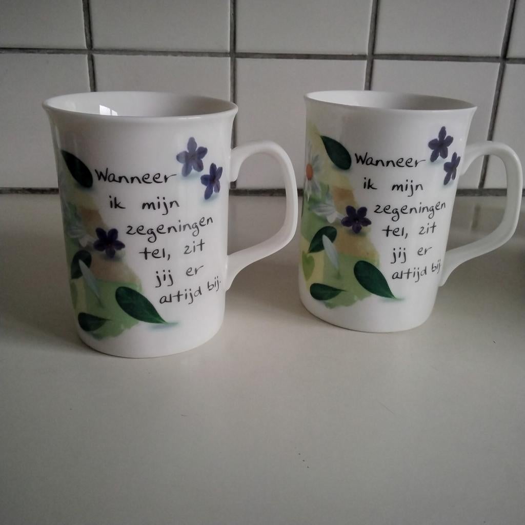 2 mokken met een boodschap, Ophalen of Verzenden, Overige stijlen, Kop(pen) en/of Schotel(s)