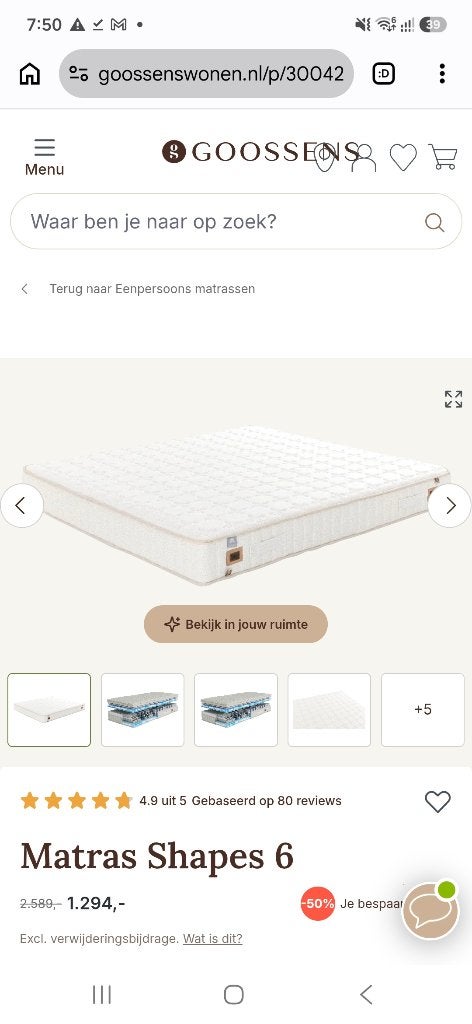 Matras Goosens shapes 6 (infinity, type x), Ophalen, Tweepersoons, 140 cm, Zo goed als nieuw