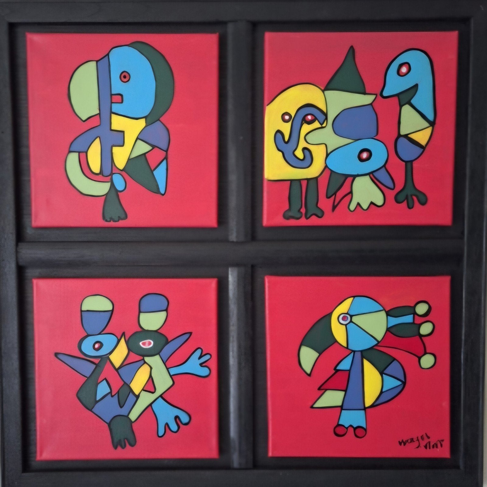 Vierluik Schilderij Abstracte Vogels 80x80 cm, Ophalen