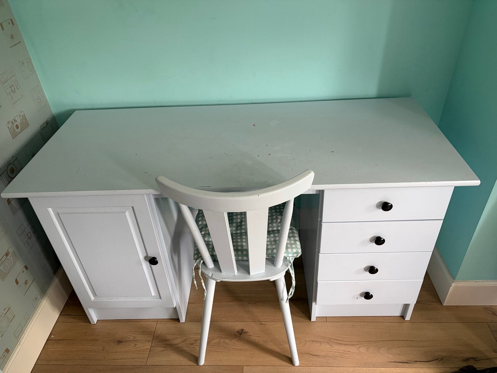 Licht blauw bureau met lades en kastje - 145x60x75 cm, Gebruikt, Schoolbureau, Overige merken, Blauw