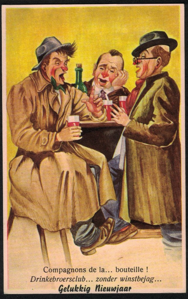 4 Humor nieuwjaarskaarten in 1 koop., Ophalen of Verzenden, 1940 tot 1960, Ongelopen, Feest(dag)
