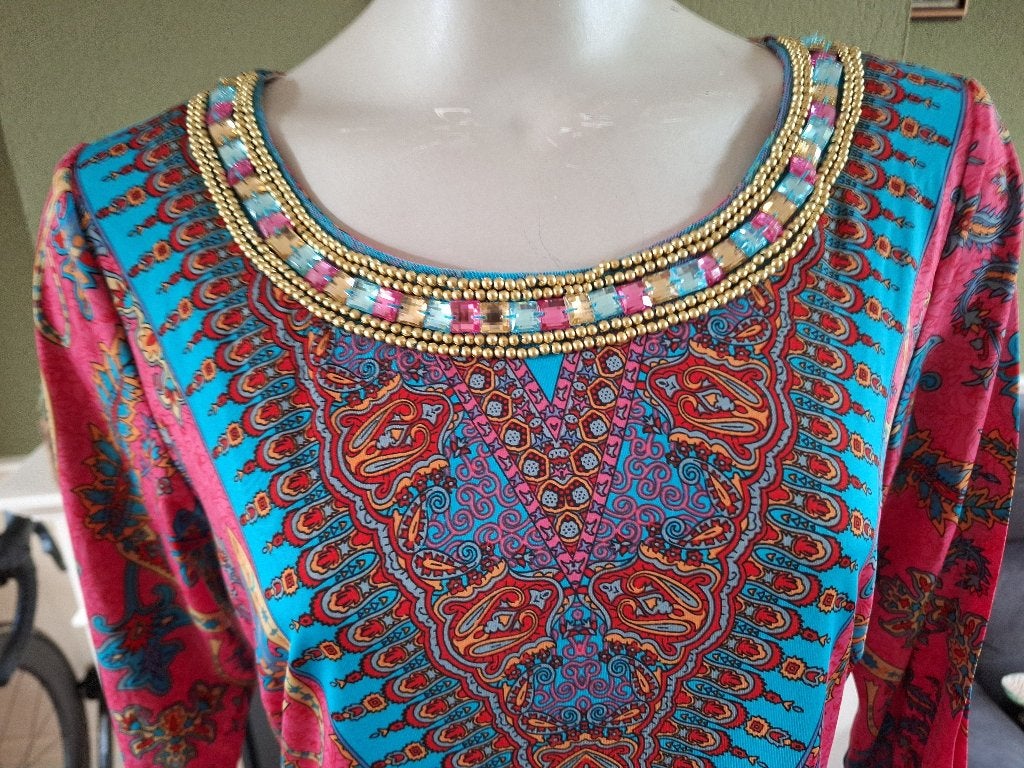 K-Design roze turquoise jurk met mooie hals lijn L open mouw, Kleding | Dames, Jurken, K-design, Maat 42/44 (L), Ophalen of Verzenden