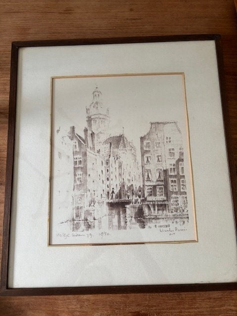 Originele ets Charles pourier - Kolkje A'dam (18/50), Antiek en Kunst, Stadsgezicht, Ophalen of Verzenden, 36 cm, 1950 - 1999