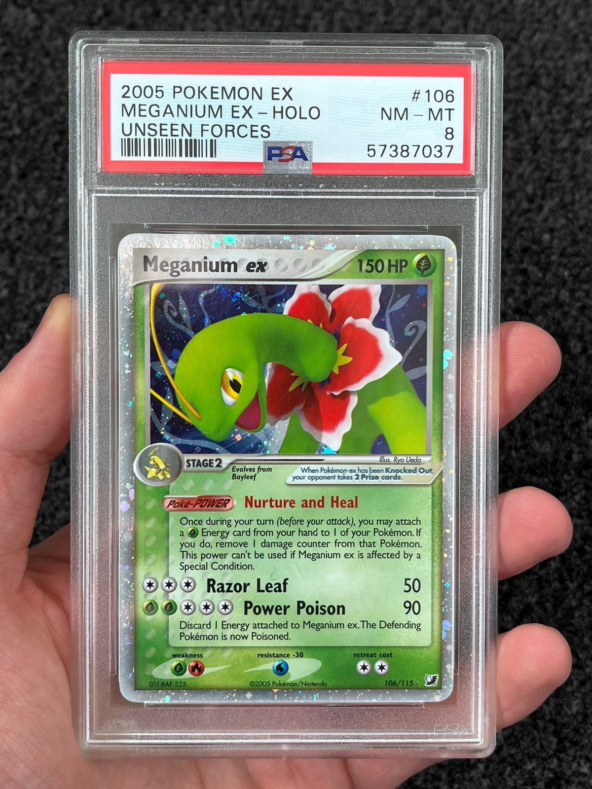 Pokémon PSA 8 Meganium Ex Holo #106 Unseen Forces, Ophalen of Verzenden, Zo goed als nieuw, Losse kaart, Foil