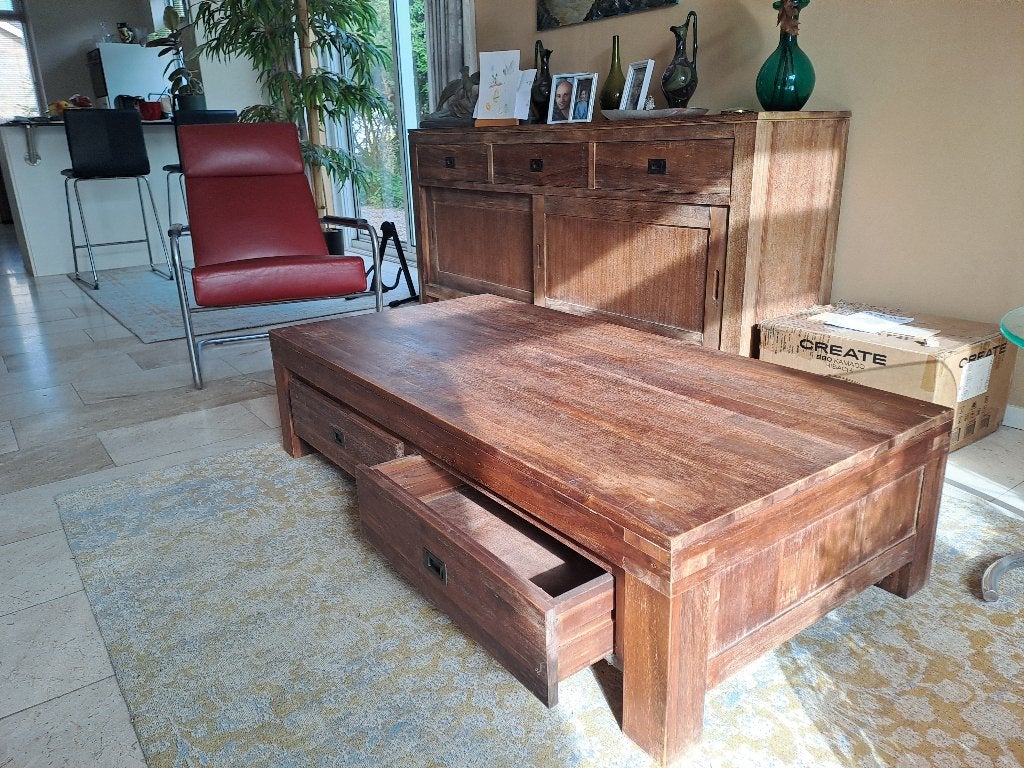 Massief acacia houten salontafel, Ophalen, 100 tot 150 cm, 50 tot 100 cm, Zo goed als nieuw