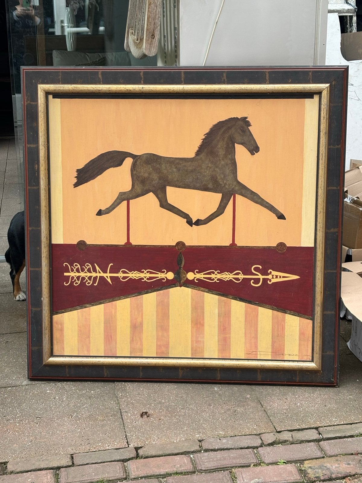 Modern schilderij met paard en windroos, ingelijst, Ophalen, Hout, Print, Dieren