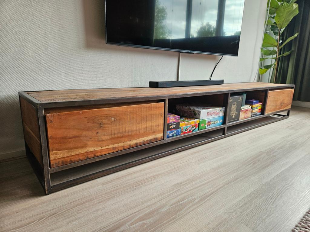 Mangohout tv-meubel 240breed, Ophalen, Nieuw, 200 cm of meer, Minder dan 100 cm