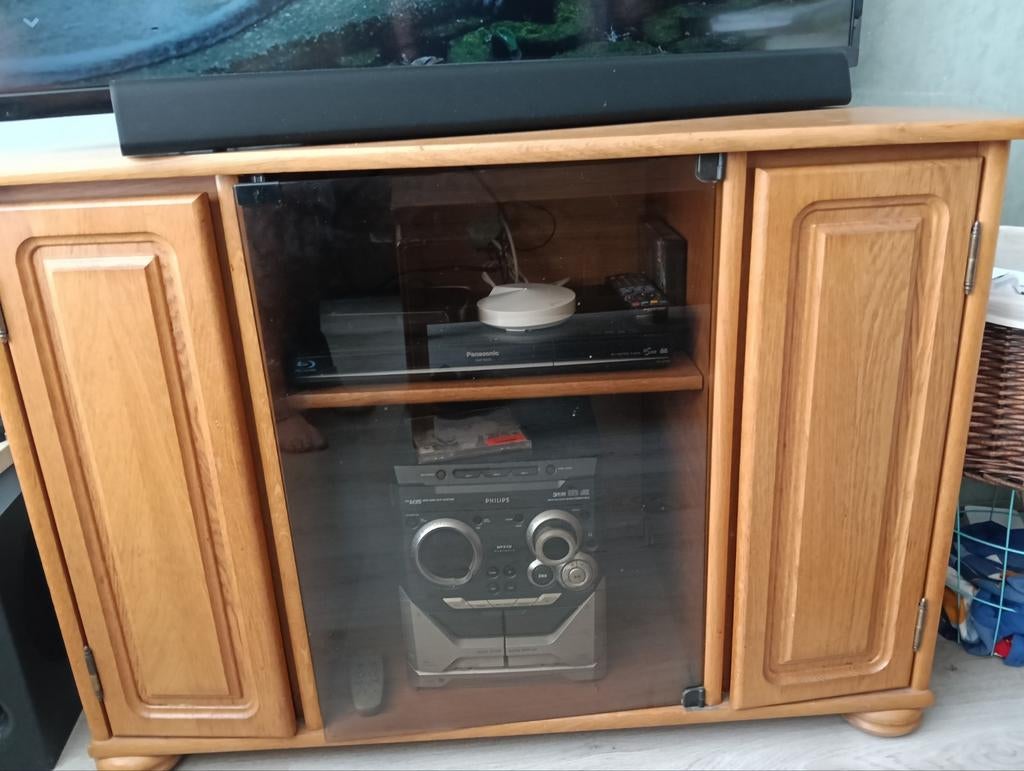 Houten tv-kast met glazen deuren, Ophalen, 25 tot 50 cm, 100 tot 150 cm, Minder dan 100 cm