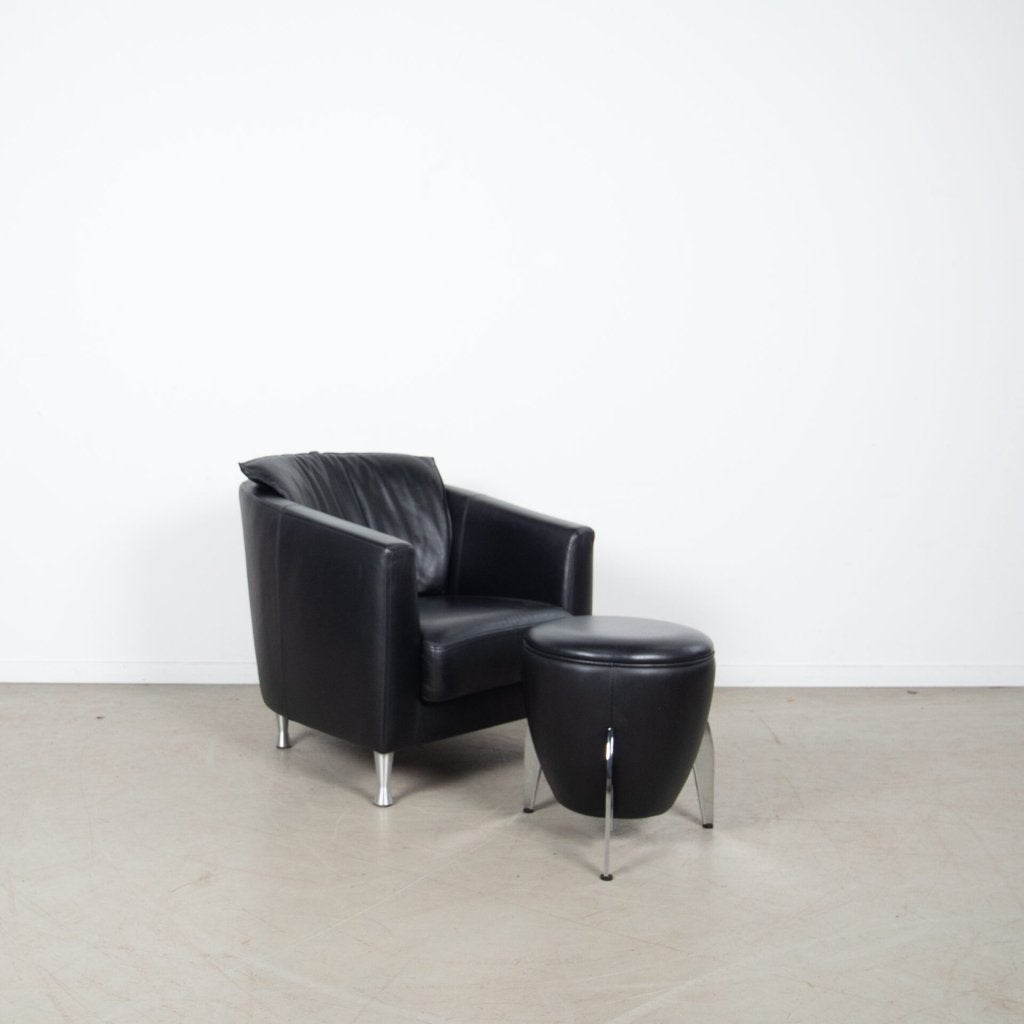 Artanova Fauteuil Zwart Leer + Hocker, Niet ingevuld, Zo goed als nieuw, Niet ingevuld, Niet ingevuld