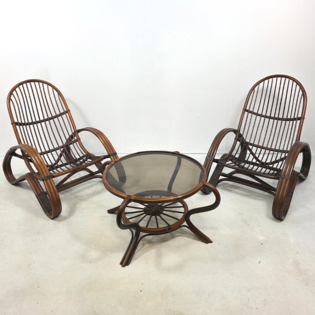 Rotan zitgroep Tito Agnoli 60's Italiaans design mid century, Huis en Inrichting, Stoelen, Ophalen, Gebruikt, Twee, Bruin
