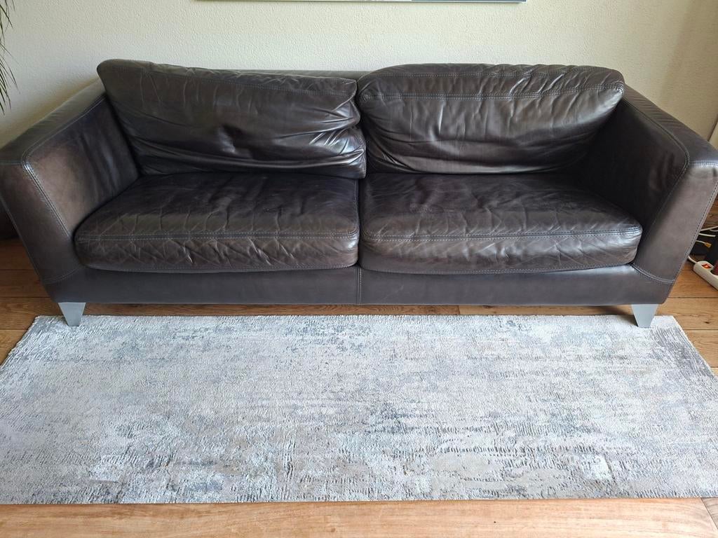 Gratis: Zwarte leren 3-persoons Machalke bank, 211x93 cm, Ophalen, Gebruikt, Driepersoons, Rechte bank