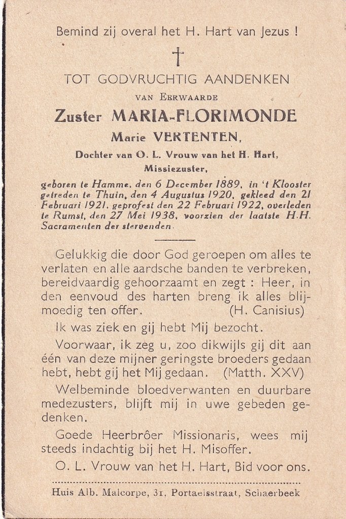 Vertenten Marie 1889 Hamme 1938 Rumst zuster, Verzamelen, Bidprentjes en Rouwkaarten, Ophalen of Verzenden, Bidprentje