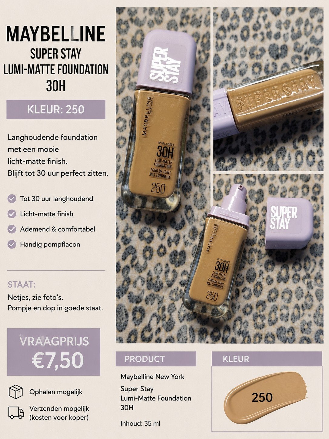 Maybelline Super Stay Lumi-Matte Foundation 30H – kleur 250, Ophalen of Verzenden, Zo goed als nieuw, Overige typen