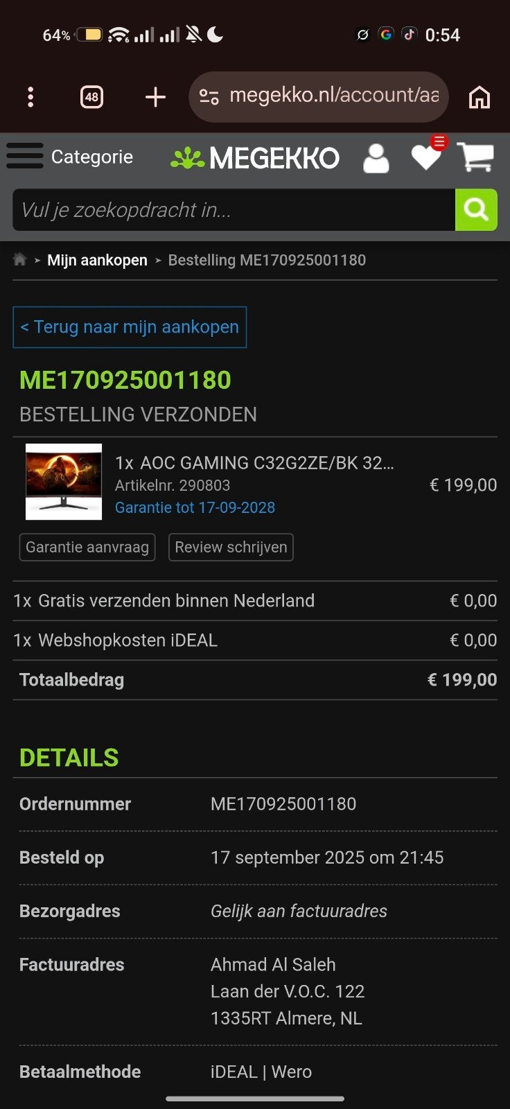 AOC GAMING C32G2ZE/BK 32" Full HD 240Hz Curved Monitor, Gaming, Curved, VA, Zo goed als nieuw