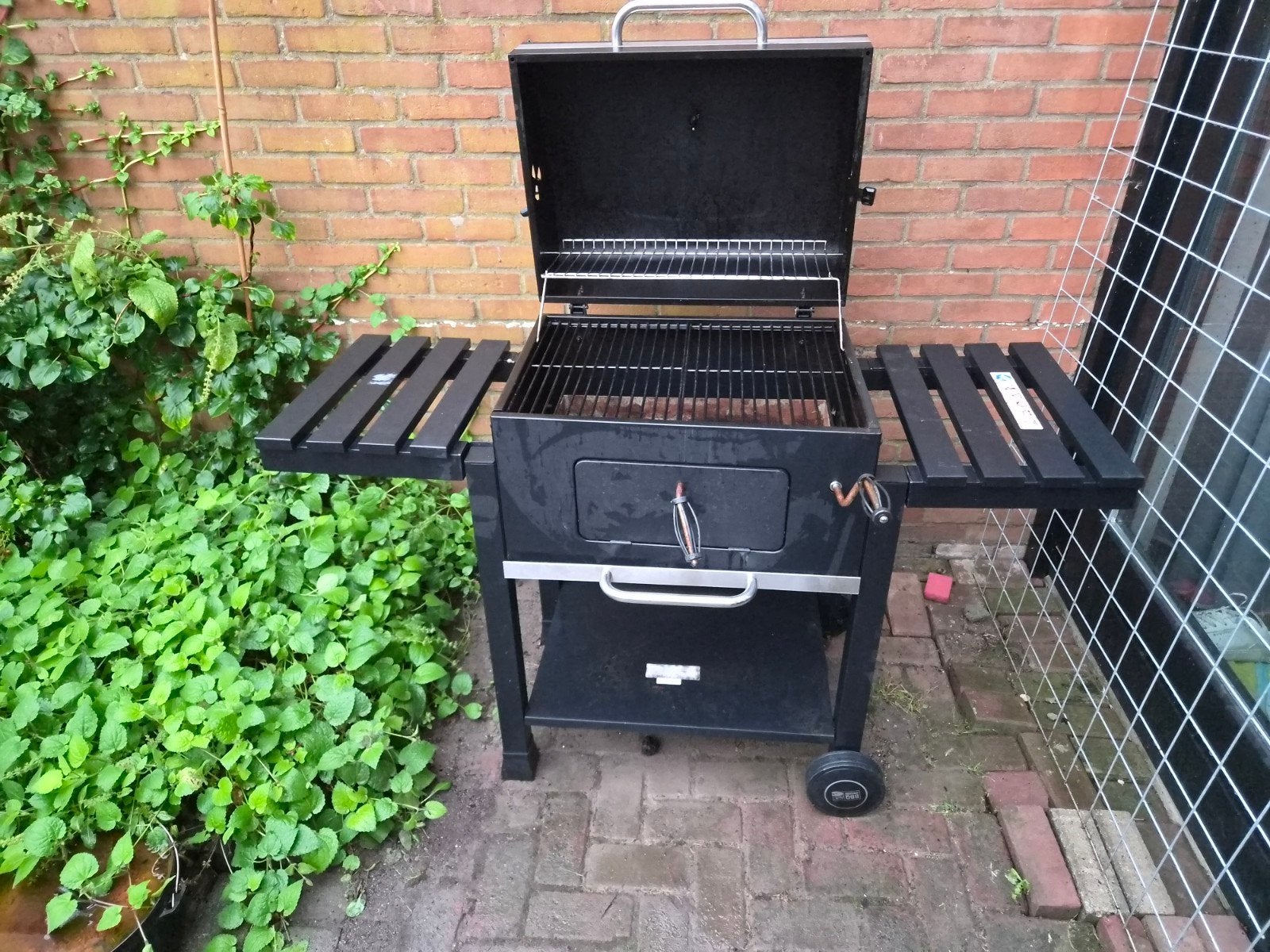 BBQ incl beschermhoes en 1/3 volle zak kokosbriquetten, Ophalen, Gebruikt, BBQ & Friends Central Park, Met accessoires