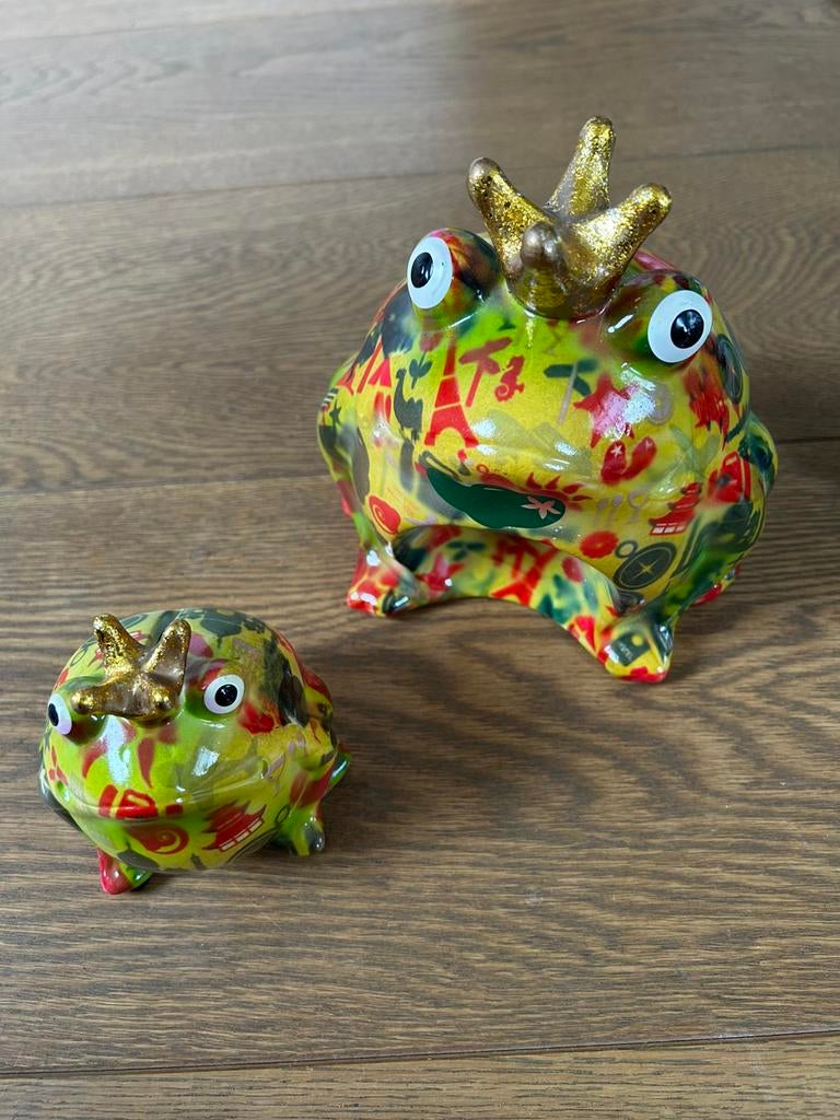 Spaarpot set mama en baby kikker Pomme Pidou gouden kroon, Ophalen of Verzenden, Zo goed als nieuw, Meerkleurig, Steen/keramiek