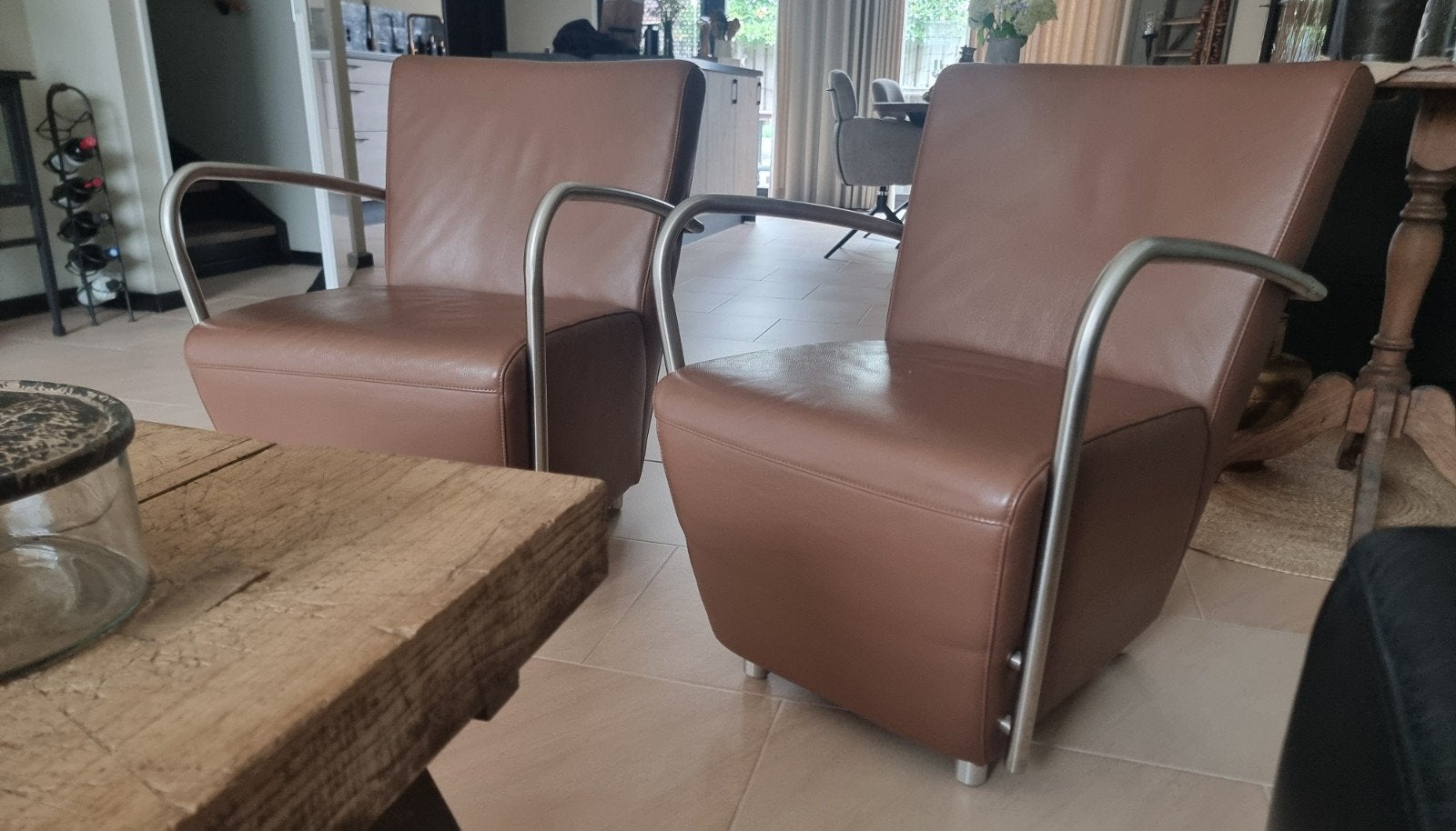 Leren fauteuils met metalen frame - Set van 2, Ophalen, Modern, Industrieel, 75 tot 100 cm, Zo goed als nieuw