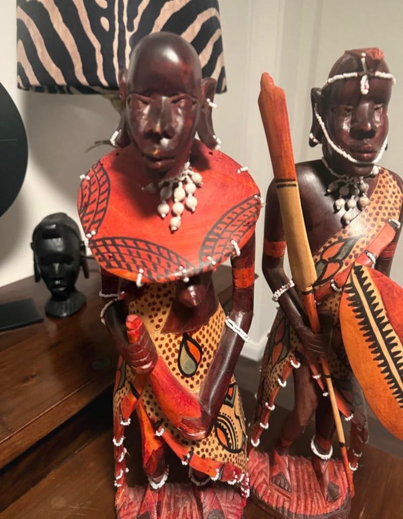 Set van 2 handgesneden Afrikaanse Maasai beelden (46 cm), Antiek en Kunst, Ophalen of Verzenden, 20 - 50 cm, Beeld, Hout