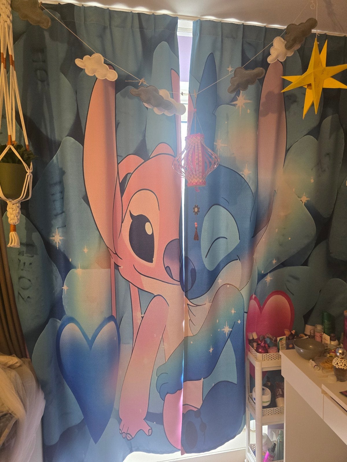 2 Stitch en Angel Gordijnen en 1 persoon dekbedovertrek voor, Gebruikt, Blauw, Ophalen of Verzenden, Lichtdoorlatend