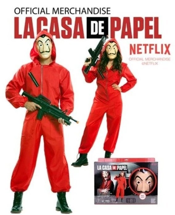 La Casa de Papel Kostuum XL met masker en speelgoedwapens, Ophalen of Verzenden, Zo goed als nieuw, Kostuum, Film of Tv
