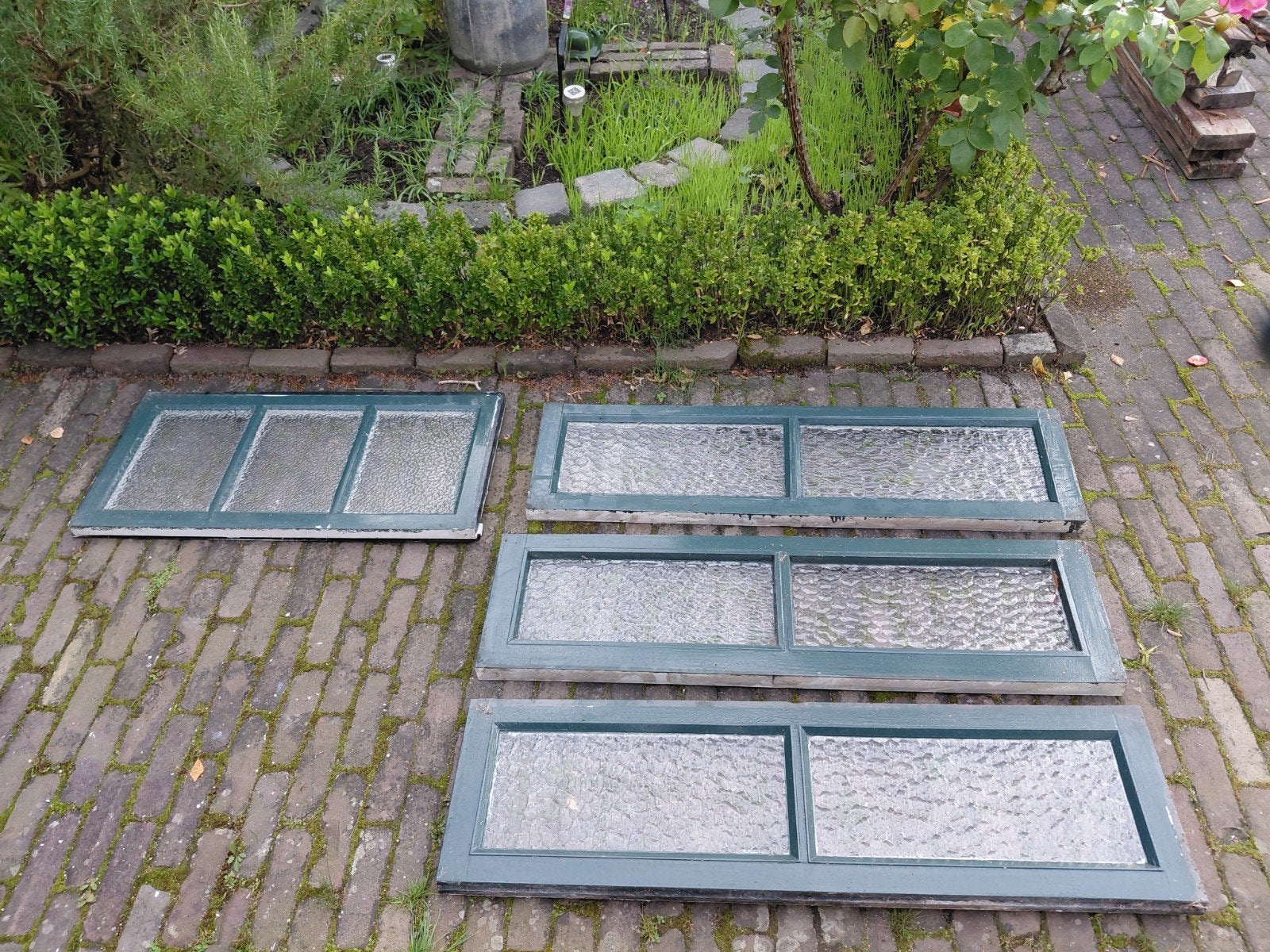 Grachtengroen ramen met figuurglas, Ophalen, Gevelraam of Ruit, Gebruikt, Minder dan 80 cm
