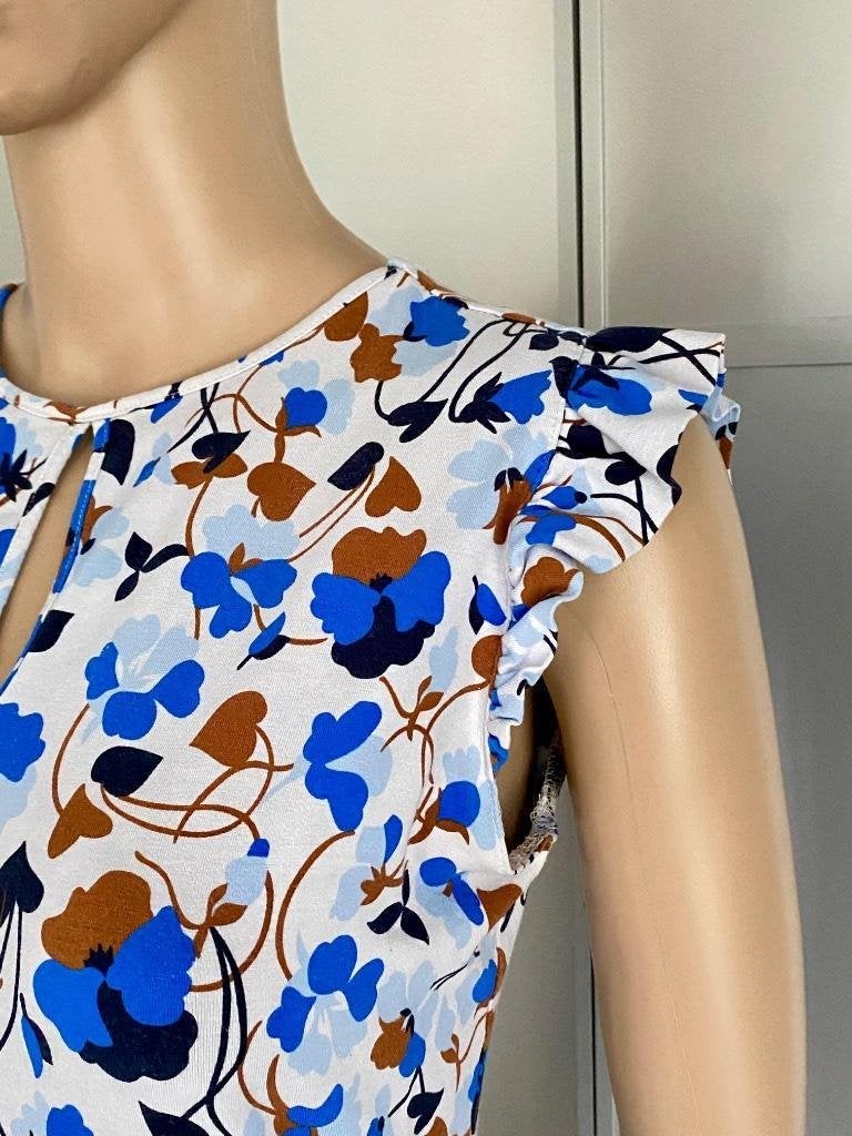 J286 Juffrouw Jansen maat S=36 top shirt blauw/wit/bruin, Blauw, Ophalen of Verzenden, Zo goed als nieuw, Korte mouw